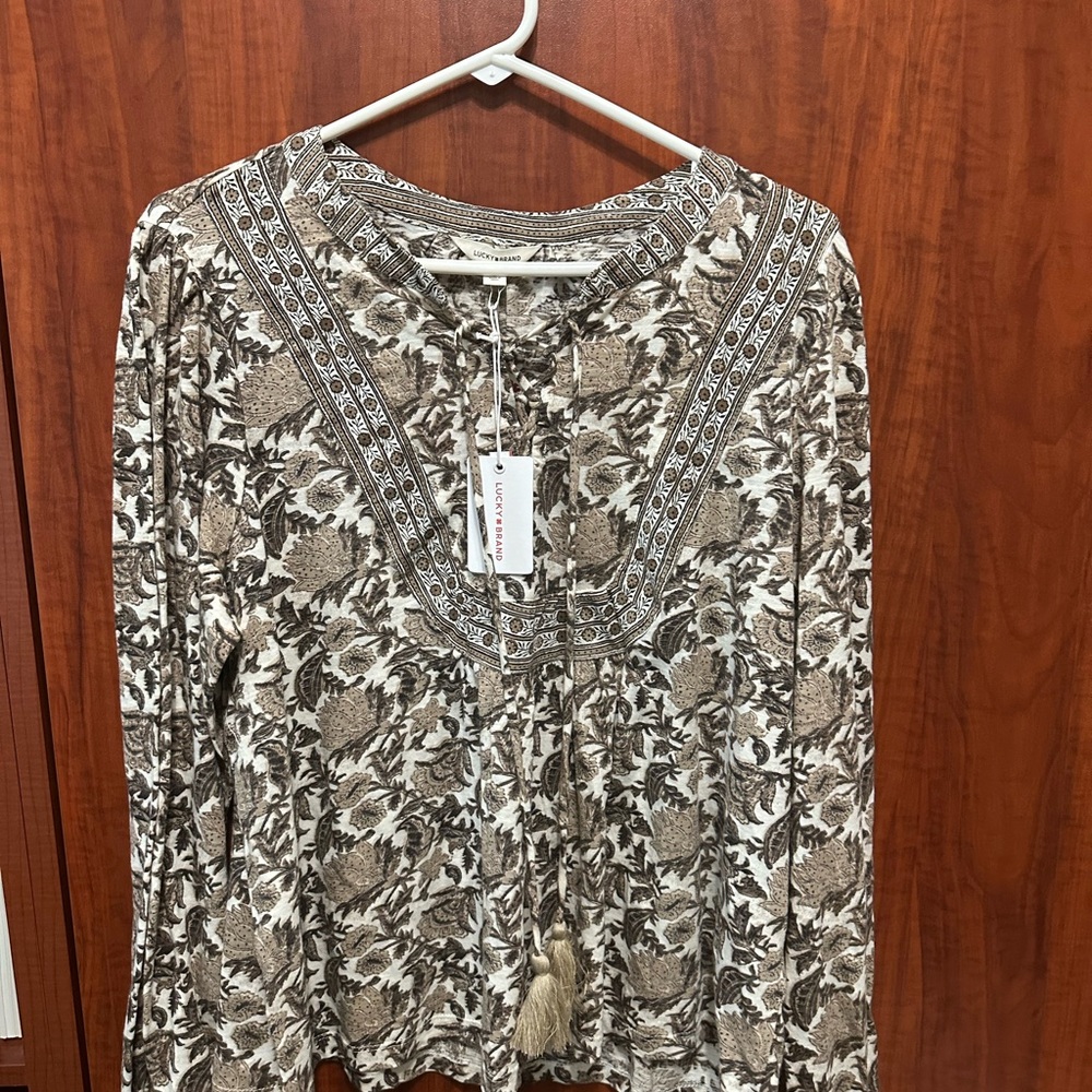 Lucky Brand Beige and Brown Floral Peasant  Blouse